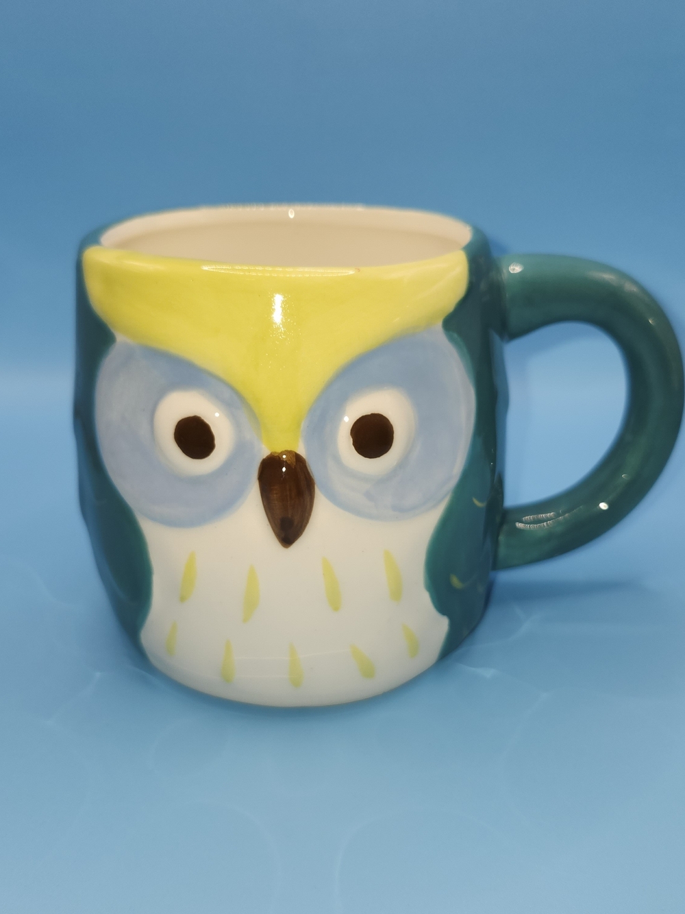 Owl Face Novelty Ceramic Coffee Mug Blue Yellow White/ Dishwasher Microwave Safe